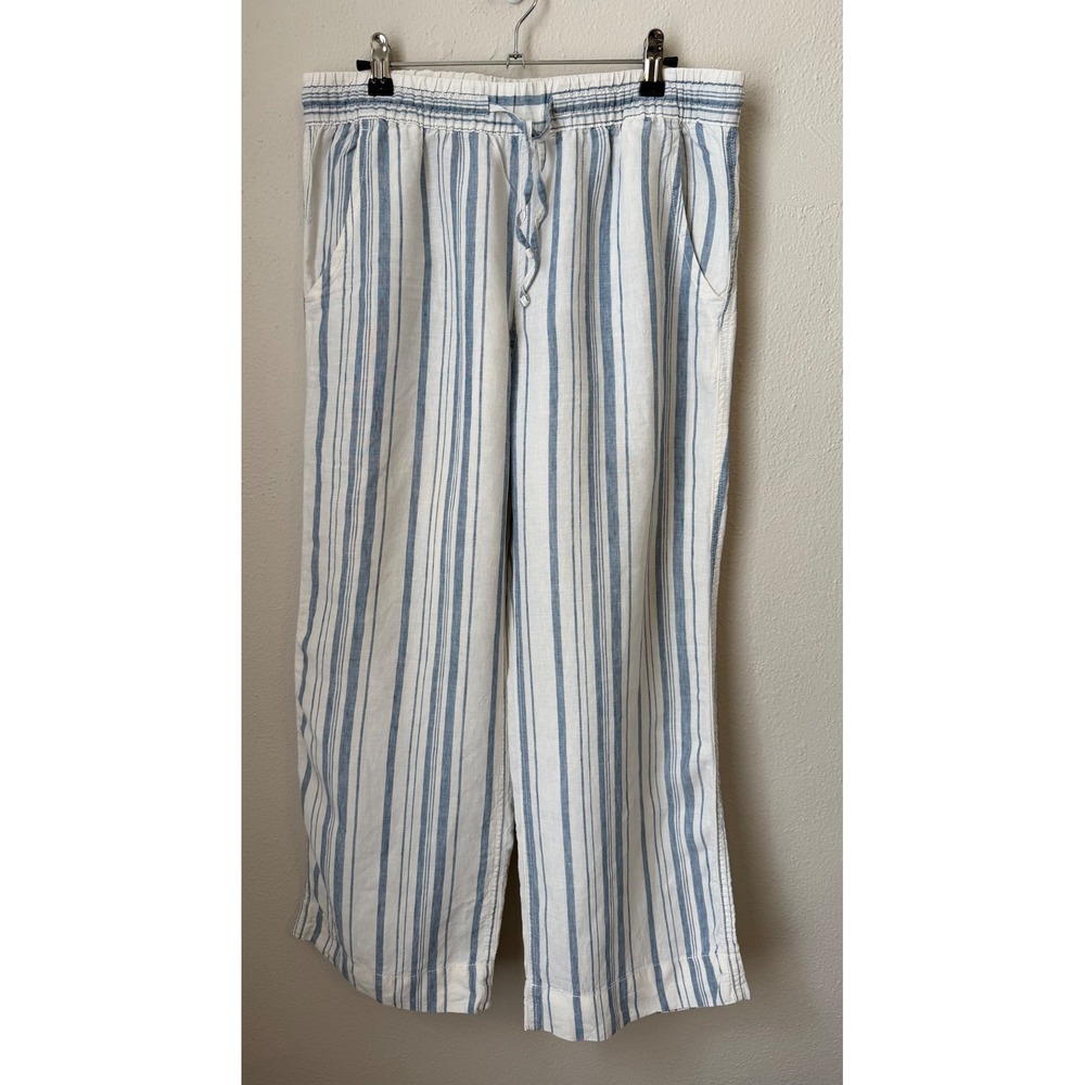 L.L.Bean 100% Linen Blue White Striped Cropped Ankle Pull On Pants Petite 8